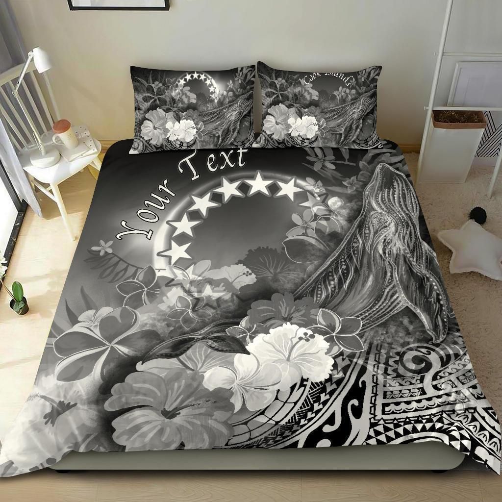 Alohawaii Bedding Set – Cover And Pillow Cases Cook Islands Custom Personalised – Humpback Whale With Tropical Flowers (White)- Bn18