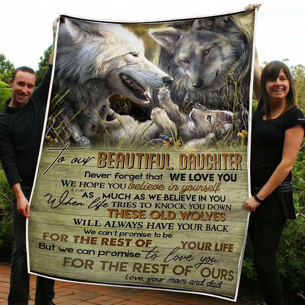 To My Daughter Blanket Wolf Family Believe In Yourself Gift From Mom And Dad Fleece Blanket