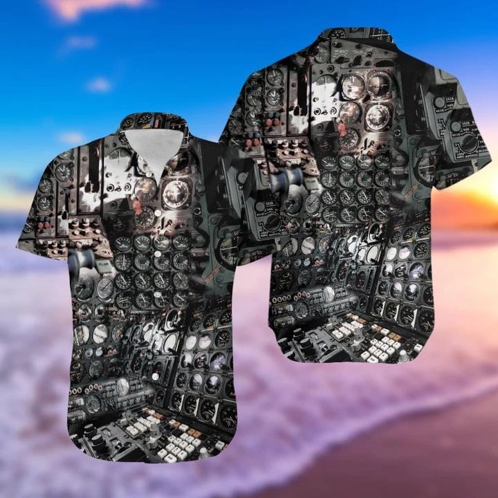 Airplane Pilot Instrument Black Unisex Hawaii Aloha Print Shirt Ha73371