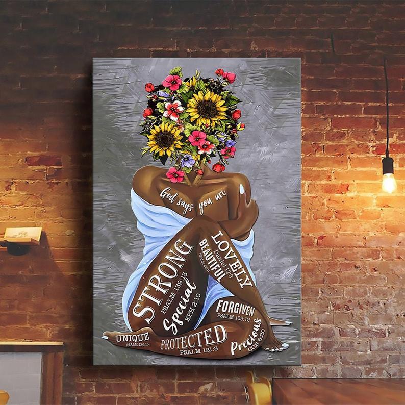 Sexy Black Woman God Says You Are Canvas Poster, Woman With Flowers Head Art, Black Woman Pride