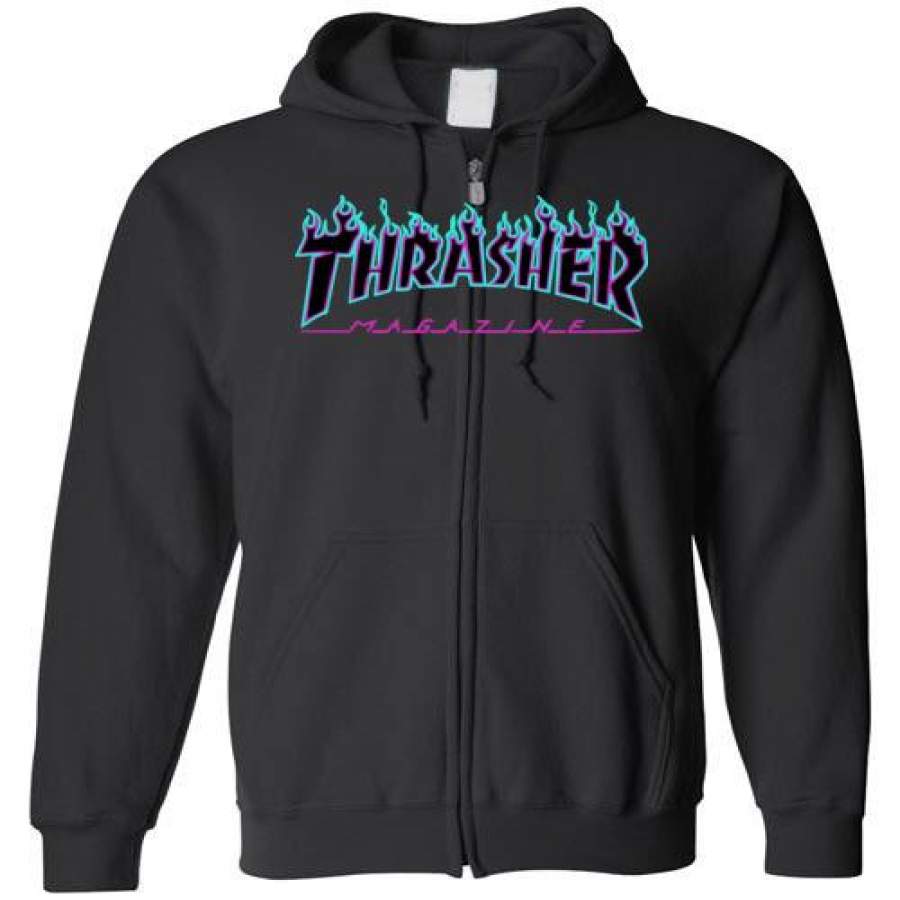 Thrasher puple flame Logo Gildan Zip Hoodie