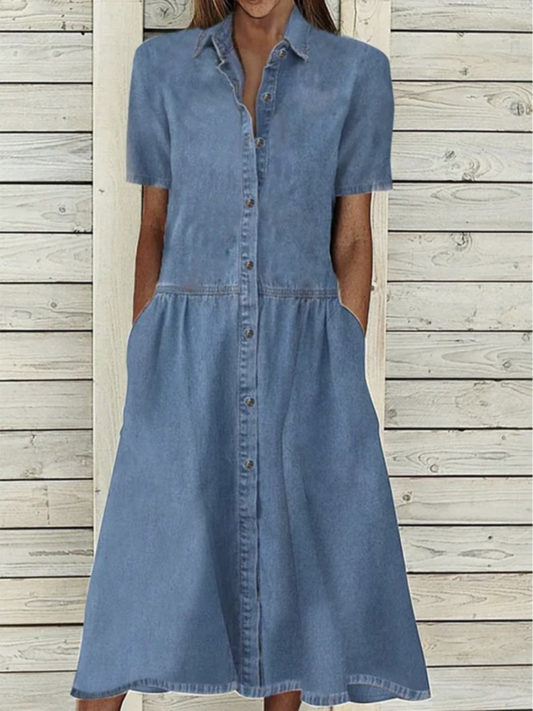 Summer Dress Women 2022 Casual Loose Denim Short Sleeve A-Line Skirt Party Dress Office New Lapel Single Breasted Shirt Dress alx