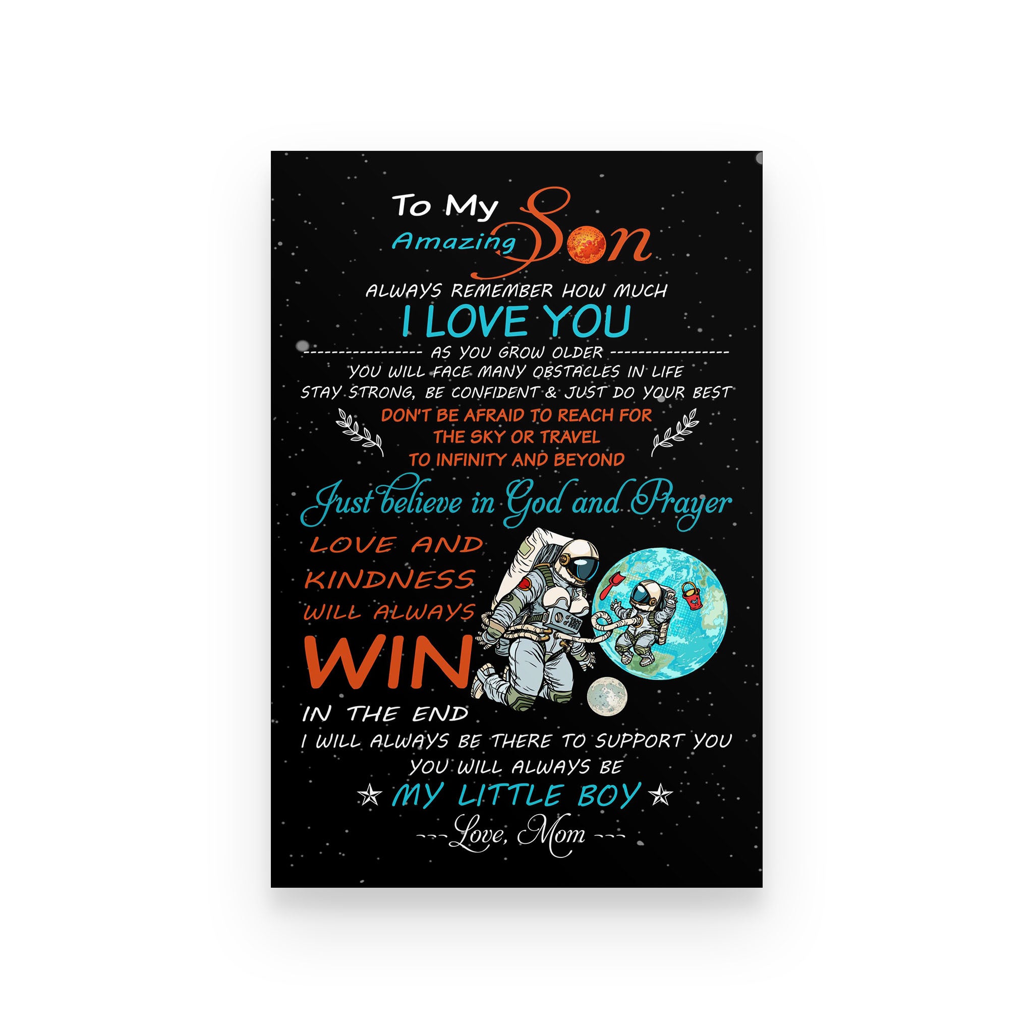Astronaut poster Mom to Son Just believe in God and prayer love and kindness will always win in the end