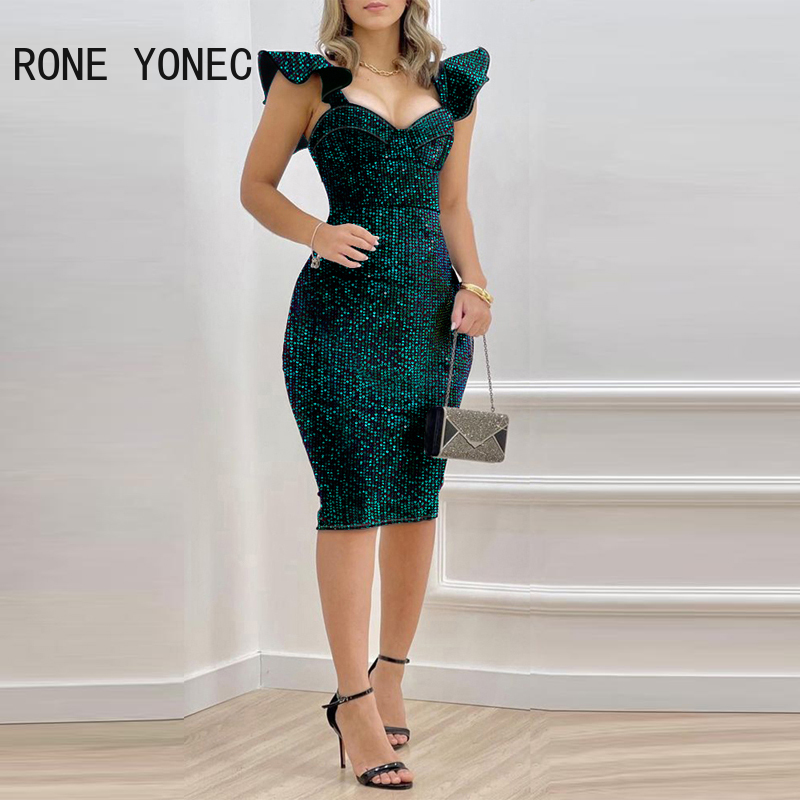 Women Chic Sequins Sexy Flying Sleeves Tank Midi Zipper Small Silt Bodycon Working Dresses alx