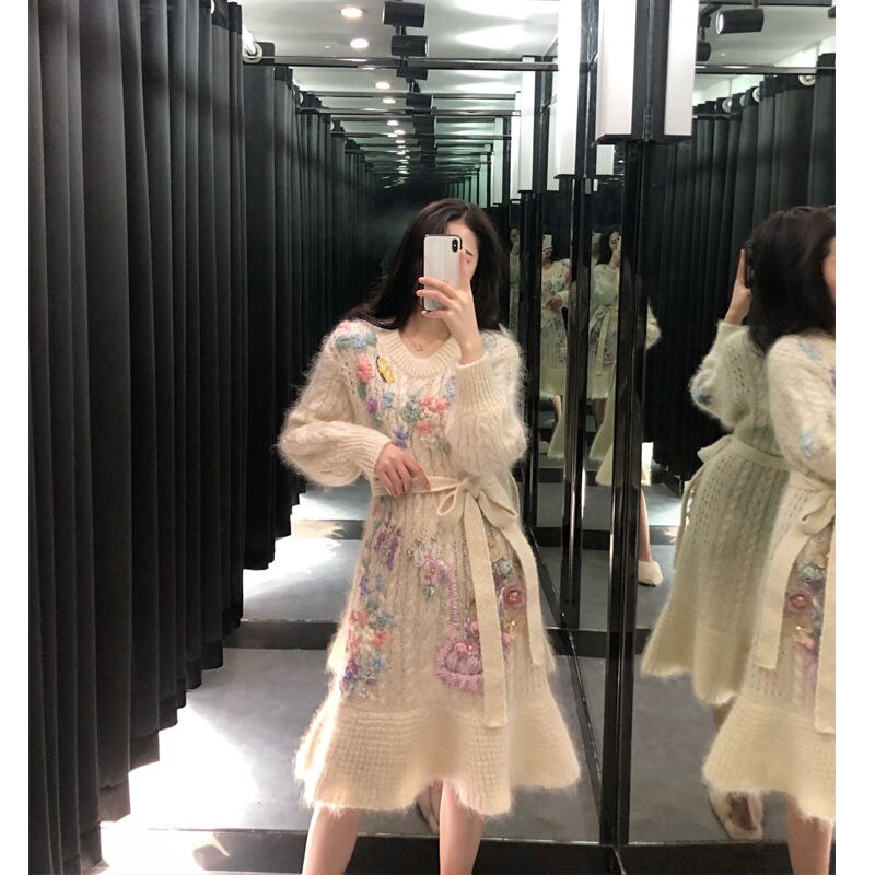 Women 2020 Spring Autumn Embroidery Long Sleeve Pullover Sweater Dress With Belt Female Ruffles Casual Knit Dresses Vestido Y465 alx