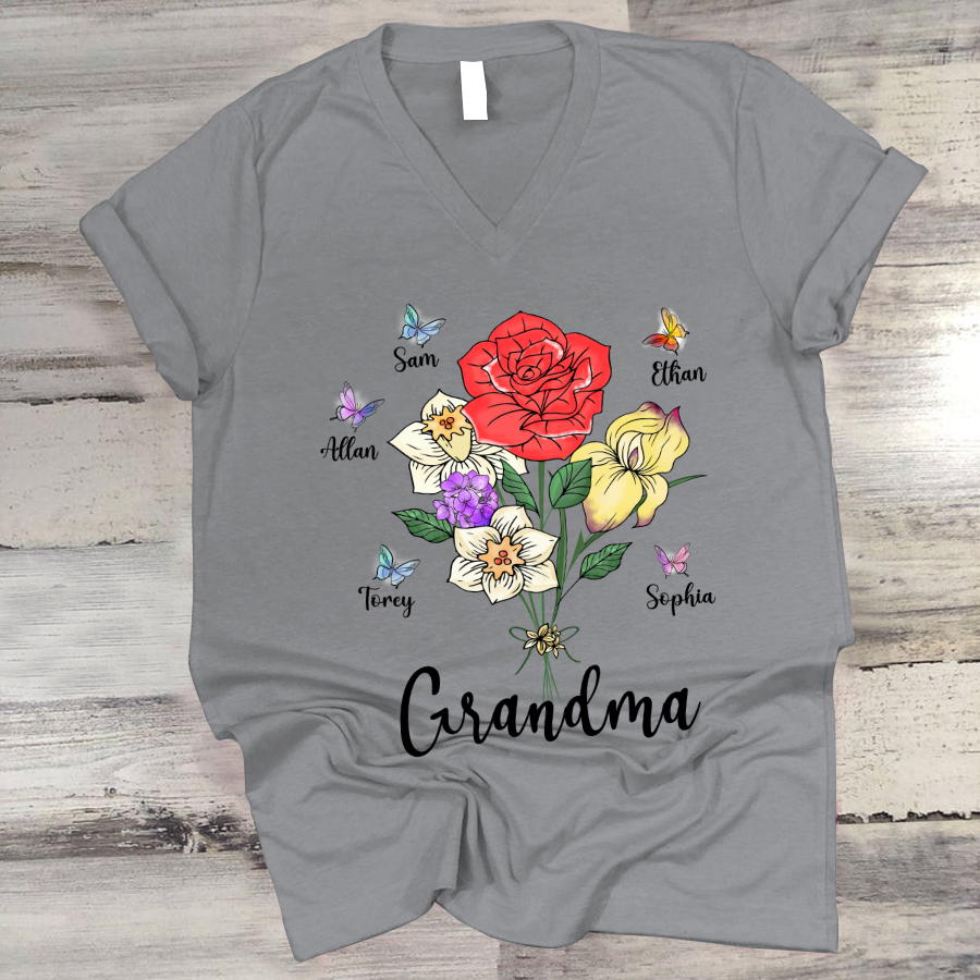 Grandma And Grandkids Flower Butterfly V-Neck