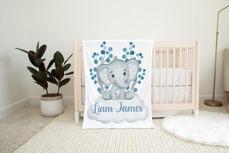 Personalized Elephant Baby Boy Name Blanket, Clouds Name Blanket, Safari Animals Name Blanket Custom Elephant Blanket, Baby Shower Gift