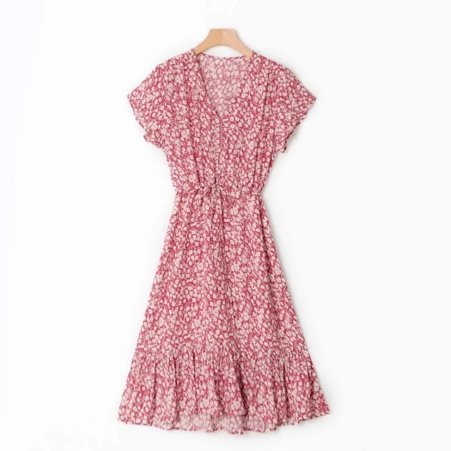 Women Drawstring Dress Floral Printing V-neck Front Buttons 2022 Summer Female Short Sleeve Vintage Robes alx