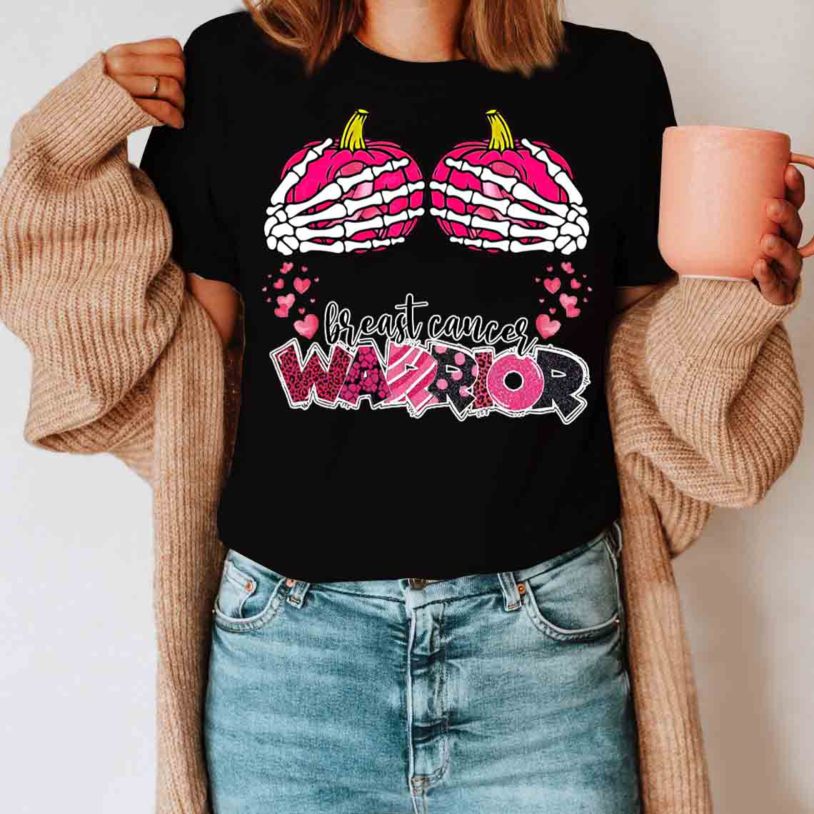 Pumpkin On Skeleton Hands Shirt – Breast Cancer Awareness T-Shirt Thanksgiving Gifts For Mom Daughter Friends Hoodies Sweater Pink