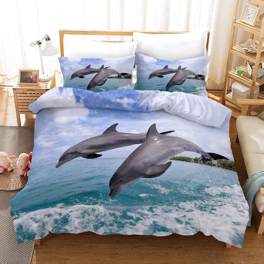 3D Blue Sky Sea Dolphin Quilt Cover Set Bedding Set Pillowcases 5