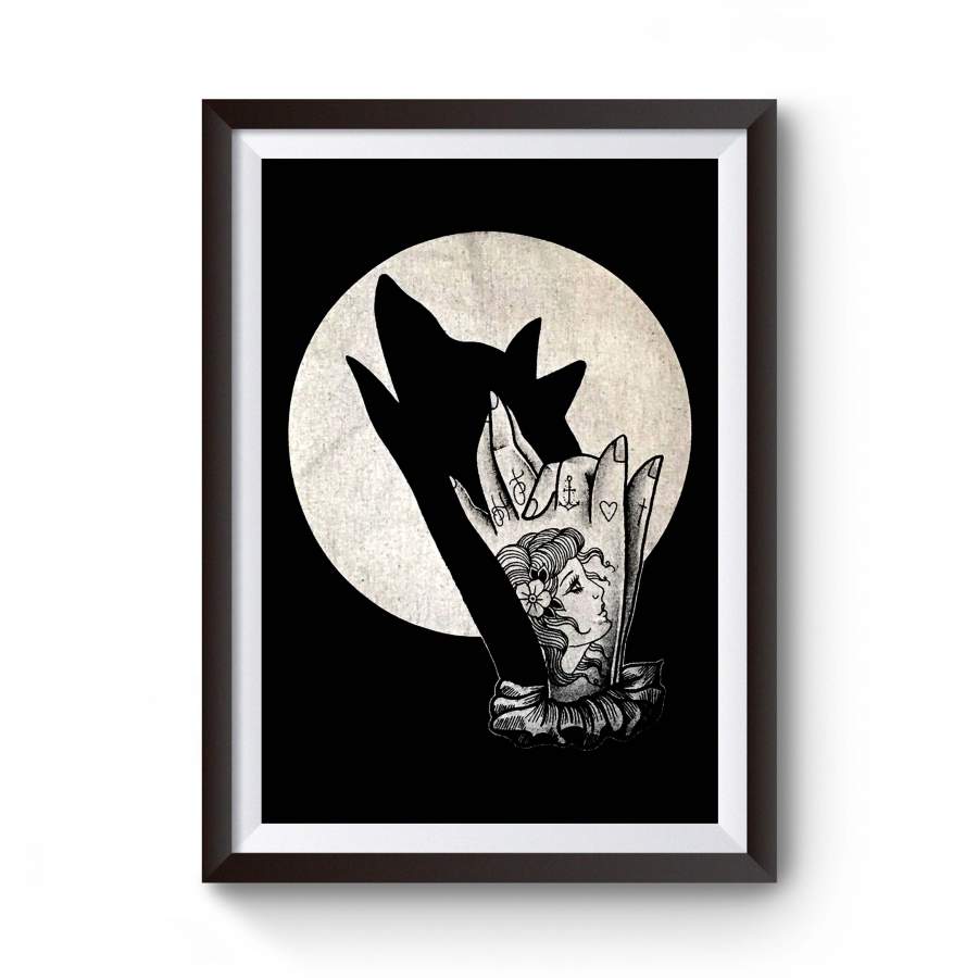 Wolf Moon Tattoo Hand Shadow Puppet Animal Poster