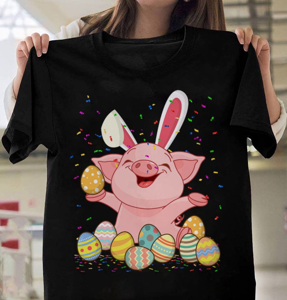 Pig & Bunny Rabbit Ear Easter Eggs  Happy Easter Day Graphic Unisex T Shirt, Sweatshirt, Hoodie Size S – 5XL