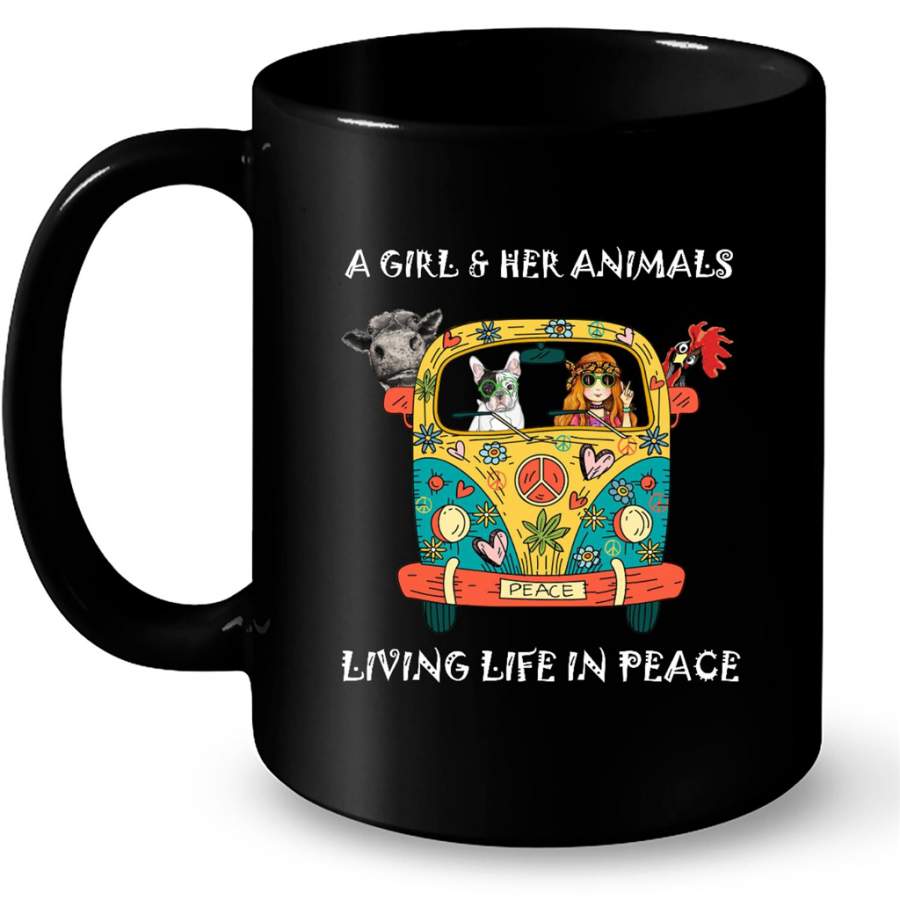 A Girl And Her Animals Living Life In Peace, Hippie Car Heifer Chicken Dog Lover – Full-Wrap Coffee Black Mug