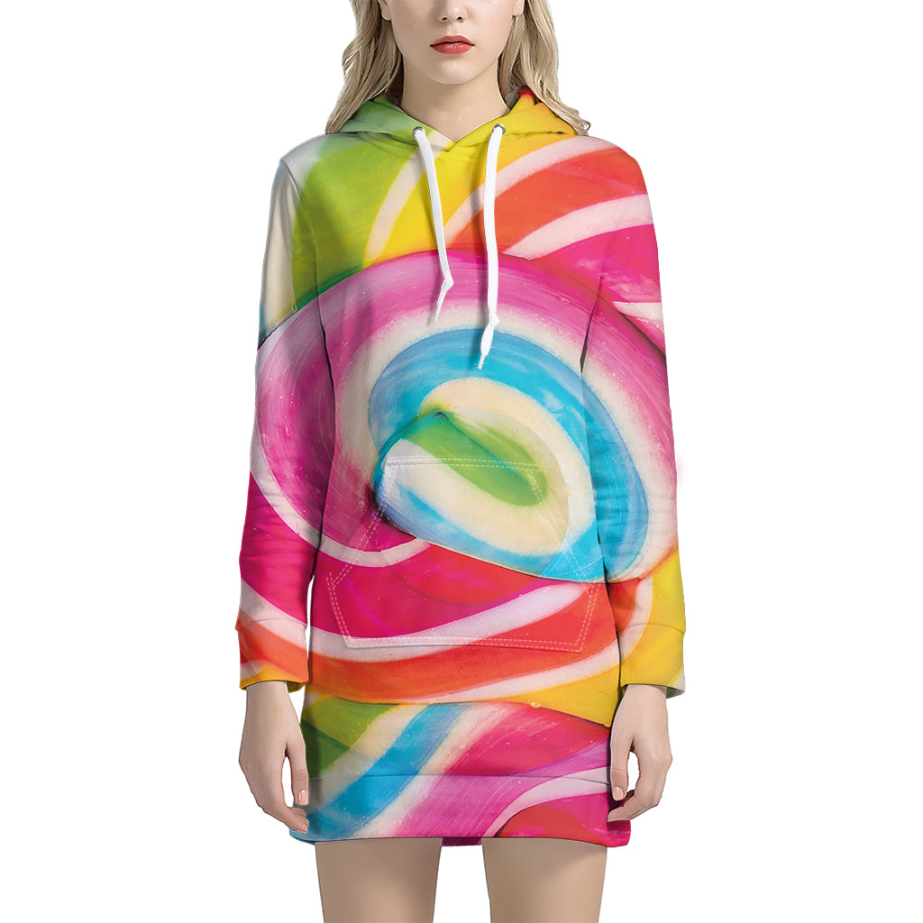 Rainbow Swirl Candy Print Women’S Pullover Hoodie Dress