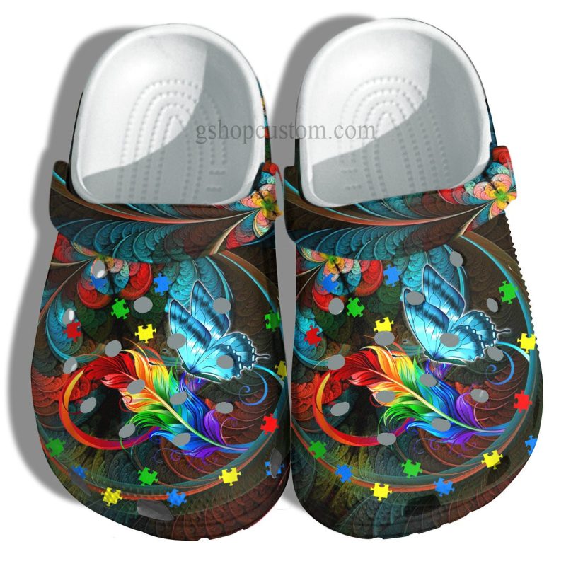 Butterfly Memory Rainbow Feather Shoes – Butterfly Autism Awareness Puzzel Shoes Croc Clogs Gifts Mother Day