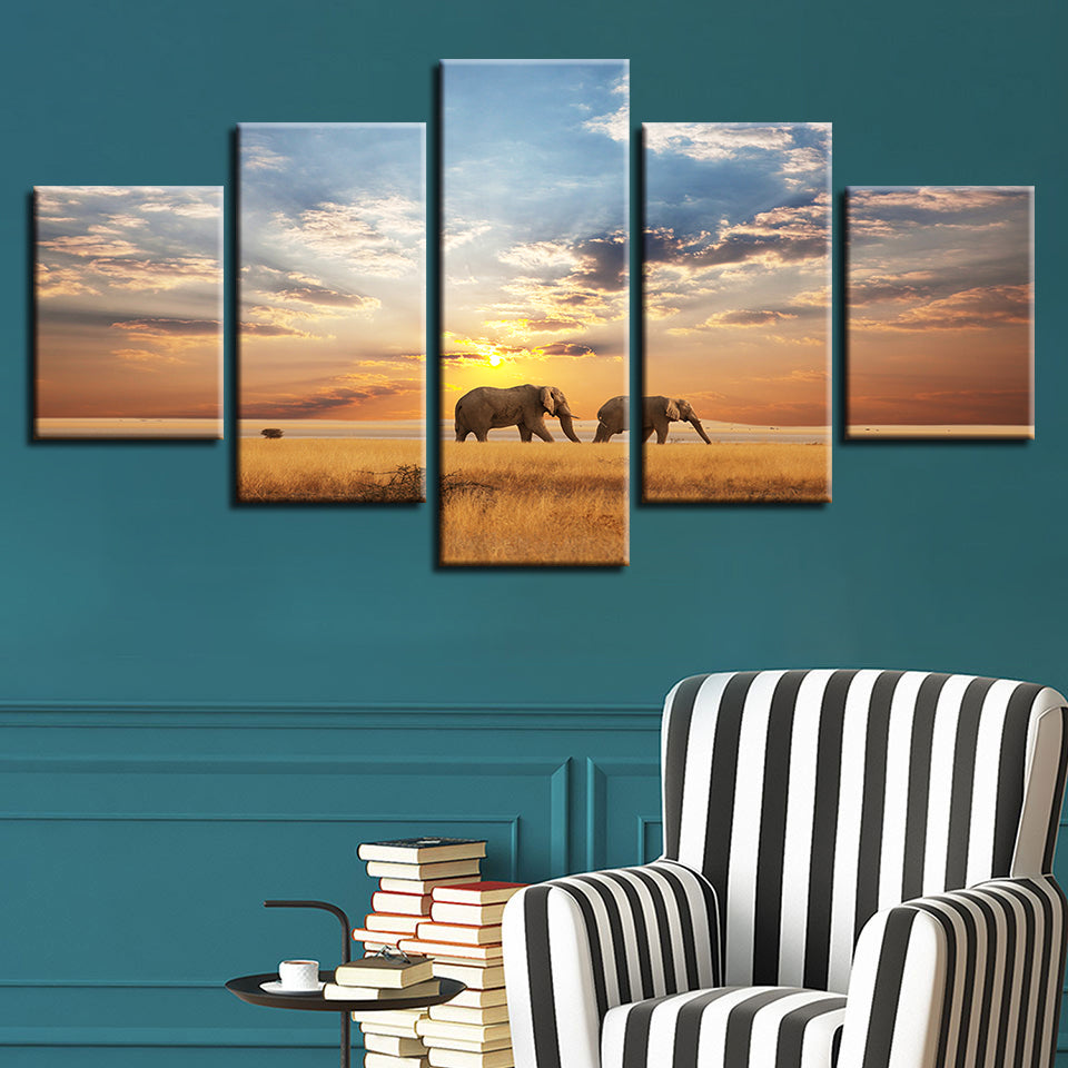 Elephants Walking In Sunset 5 Piece Hd Multi Panel Canvas Wall Art Frame