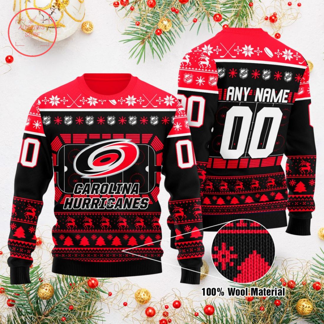 Carolina Hurricanes Custom Name Number Gift For Fan Ugly Wool Sweater Christmas