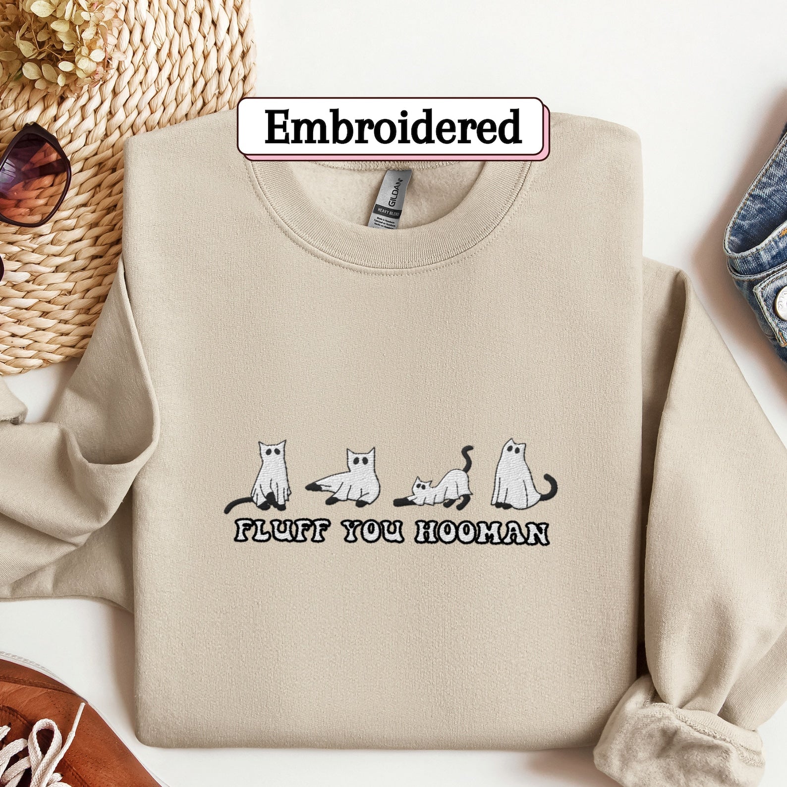 Cute Cat Embroidered Sweatshirt 2D Crewneck Sweatshirt All Over Print Sweatshirt For Women Sweatshirt For Men Sws5197