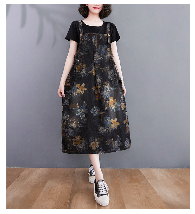 #2485 Black Blue Floral Printed Denim Dress Women Pockets Vintage Jeans Dresses Sleeveless Suspender Dress Ladies Midi Summer alx