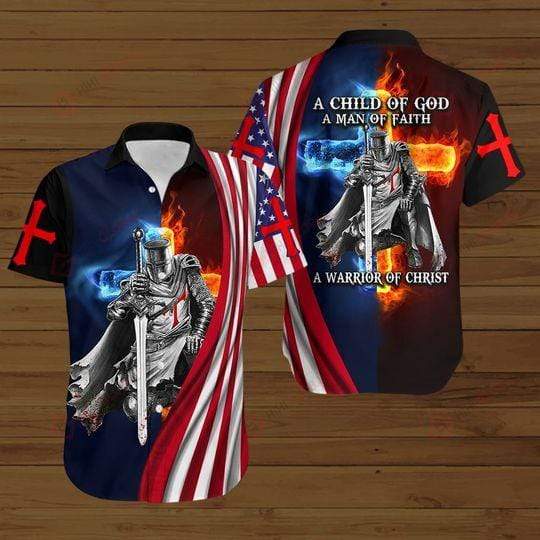 A child of God American Flag fire Knight Jesus Christ gift Easter day Aloha Hawaiian Shirts #V