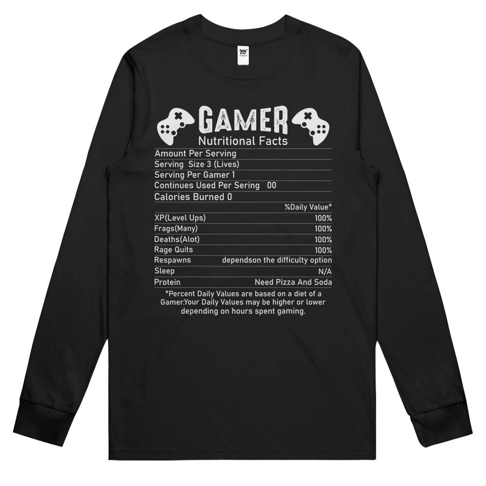 Nutritional Facts Shirt, Gamer Nutrition Facts Shirt, Gamer Nutritional Facts Cool Gamer Funny Online Video Game Long Sleeve T Shirts