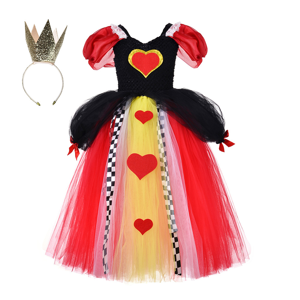 Red Black Queen of Hearts Tutu Dress for Girls Carnival Halloween Costume Kids Girl Alice Cosplay Long Dresses Children Outfit alx