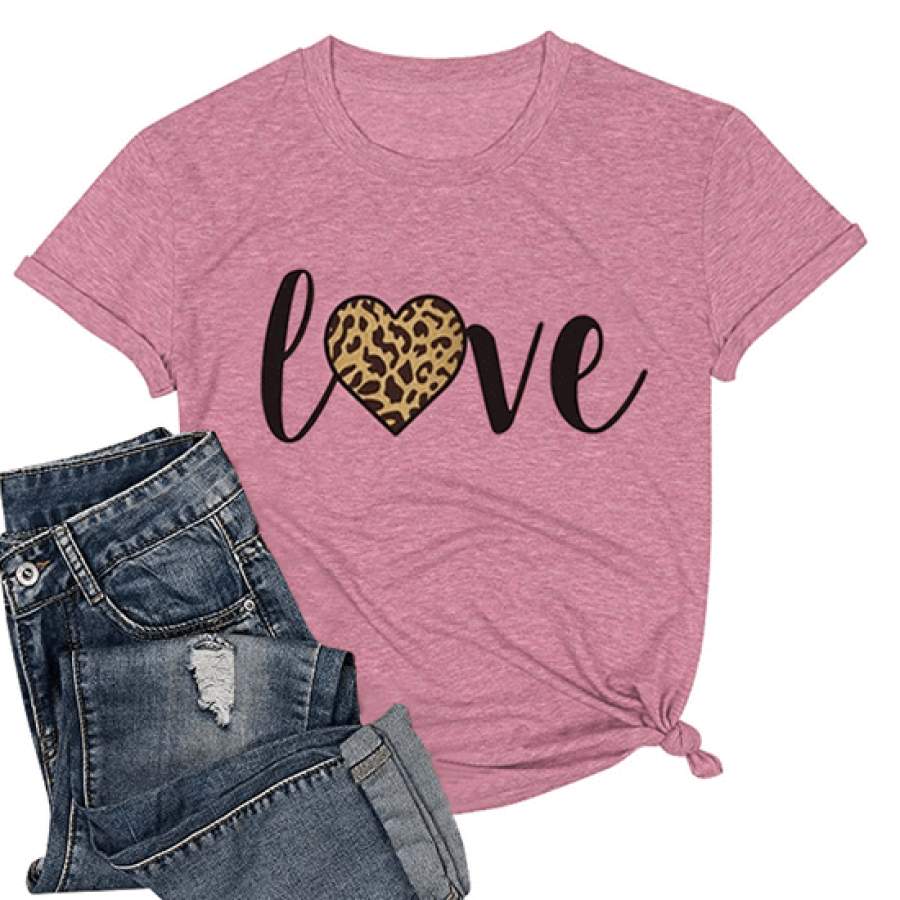 Leopard Print Heart Graphic Love T-Shirt Valentines Women Casual Tees Top