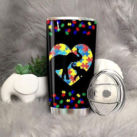 Personalized Autism Awareness Elephant Heart Puzzle Pieces Stainless Steel Skinny Tumbler Bulk, Double Wall Vacuum Slim Water Tumbler Cup With Lid, Reusable Metal Travel Coffee Mug