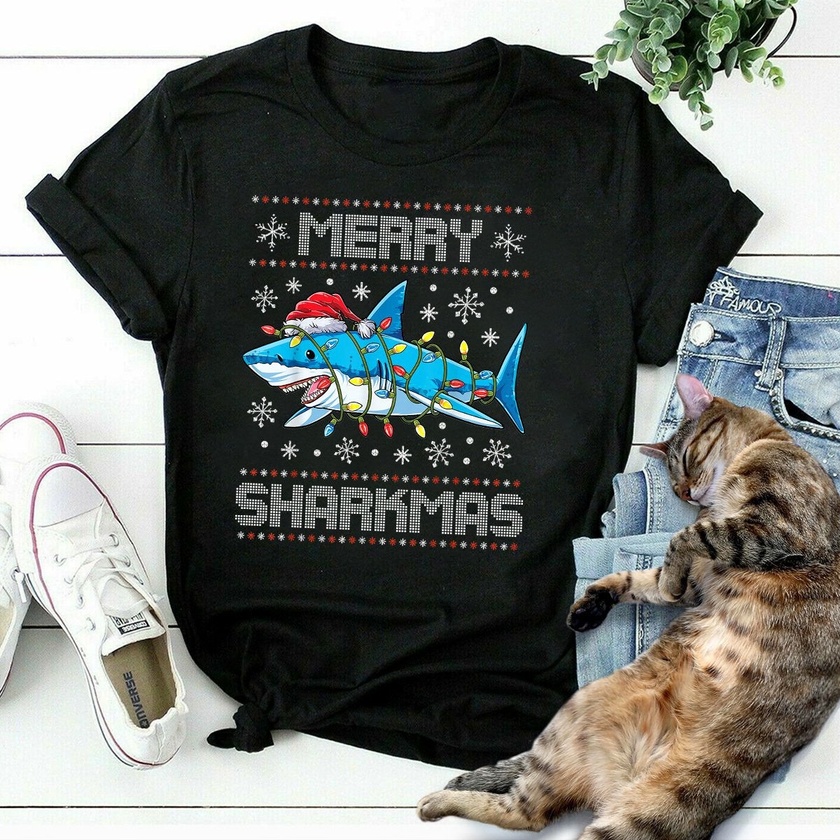 Christmas Shark Merry Sharkmas Santa Hat Light Snow Graphic Unisex T Shirt, Sweatshirt, Hoodie Size S – 5XL