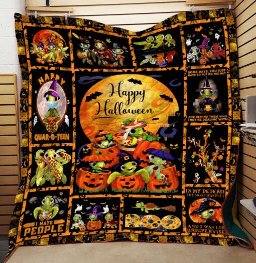 Happy Halloween Turtle Witch With Jack O Lantern Pumpkin Bats Full Moon Halloween Blanket