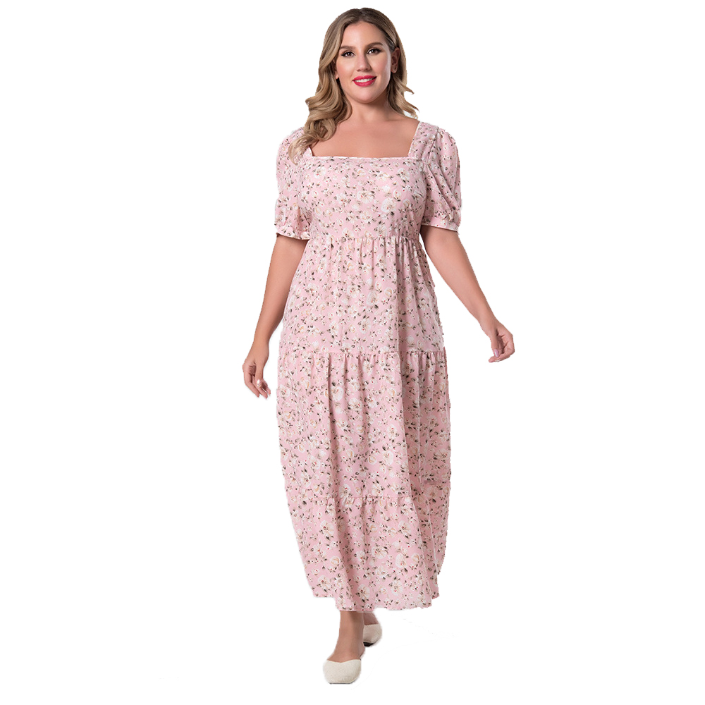 SOMOSHEIN Plus Size Women Clothing Elegant Square Neck Puff Sleeve Floral Short Sleeve Pink Evening Dress Wholesale Dropshipping alx