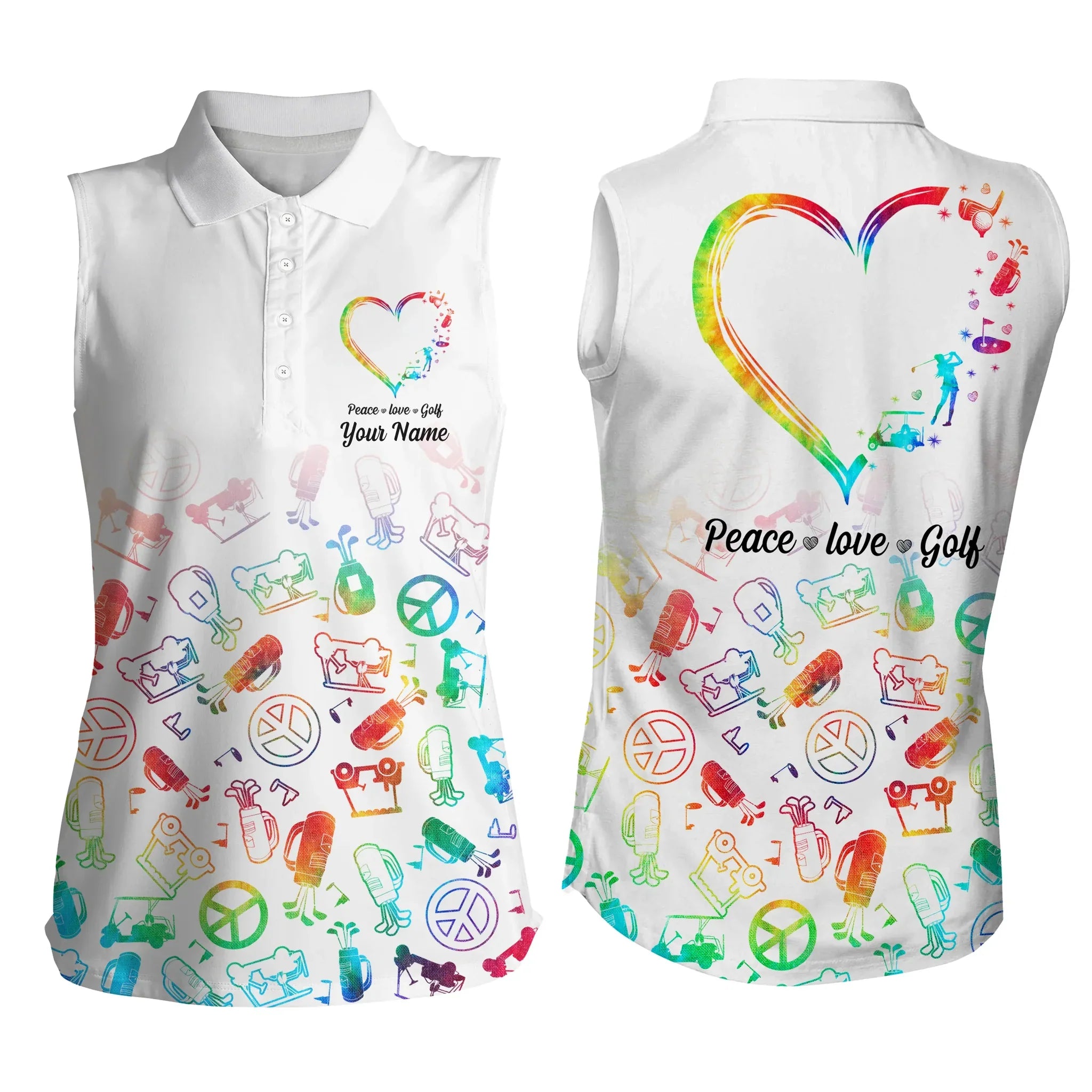 Women Sleeveless Polo Shirts Custom Watercolor Peace Love Golf, Personalized Golf Shirt