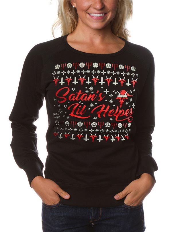 Women’S Satan’S Lil Helper Ugly Christmas Fitted Sweatshirt By Rat Baby