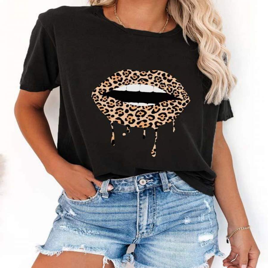 Crew Neck Leopard Lip Print Short Sleeve T-Shirt