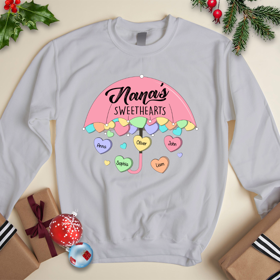 Personalized Nana’S Sweethearts With Grandkids Candy Hearts Valentines Day Sweatshirt