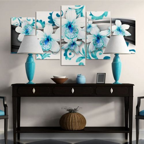 Blue Orange Pink Flowers 5 Piece Hd Multi Panel Canvas Wall Art Frame