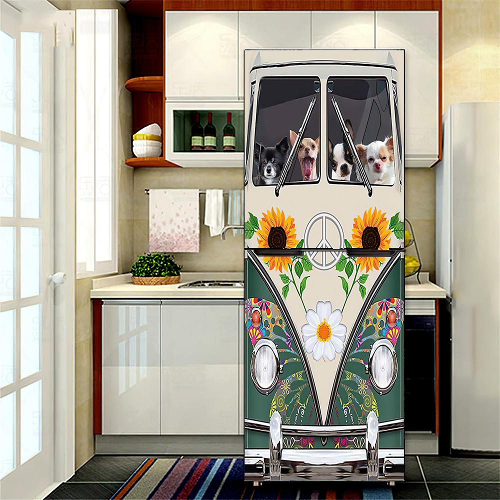 Chihuahua Volkswagen Van Hippie 3D Fridge Wallpaper