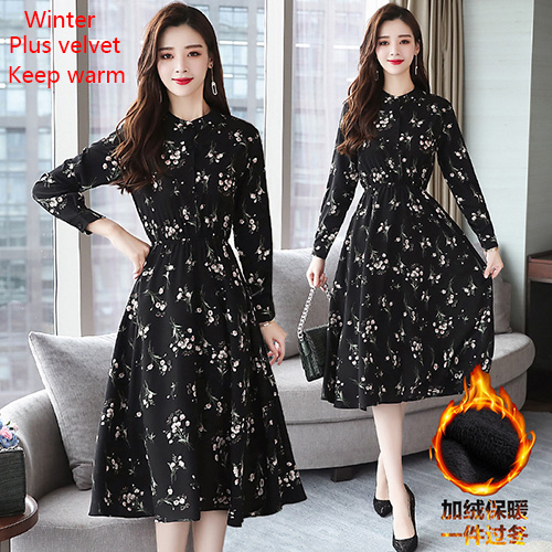 Autumn Winter Black Vintage Floral Chiffon Midi Dress Boho Beach Dress 2022 Elegant Women Party Long Sleeve Dress Party Vestidos alx