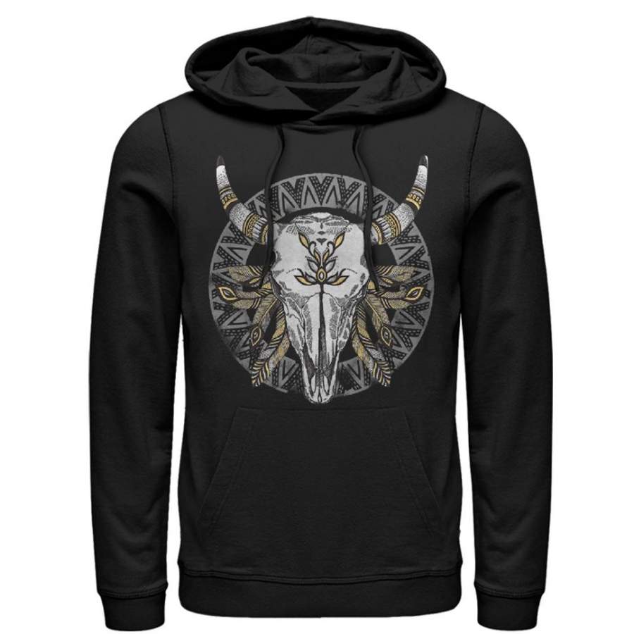 Lost Gods Men’s Cow Skull With Feathers  Lightweight Hoodie Black