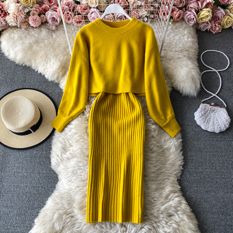 Thicken Warm Knitted Pullover Sweater Two-Piece Suits +High Waist dress Set 2021 New Fashion Autumn Winter Women alx