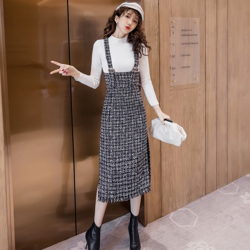 Autumn Woman Sweater Dress Suit Female Casual Knitted 2pcs Set High-neck Slim Sweater + Strap Woolen cloth Dress Suit Set Woman alx