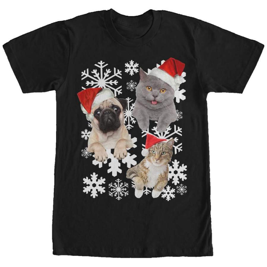 Lost Gods Men’s Christmas Cat and Dog Snowflake Adventure  T Shirt Black