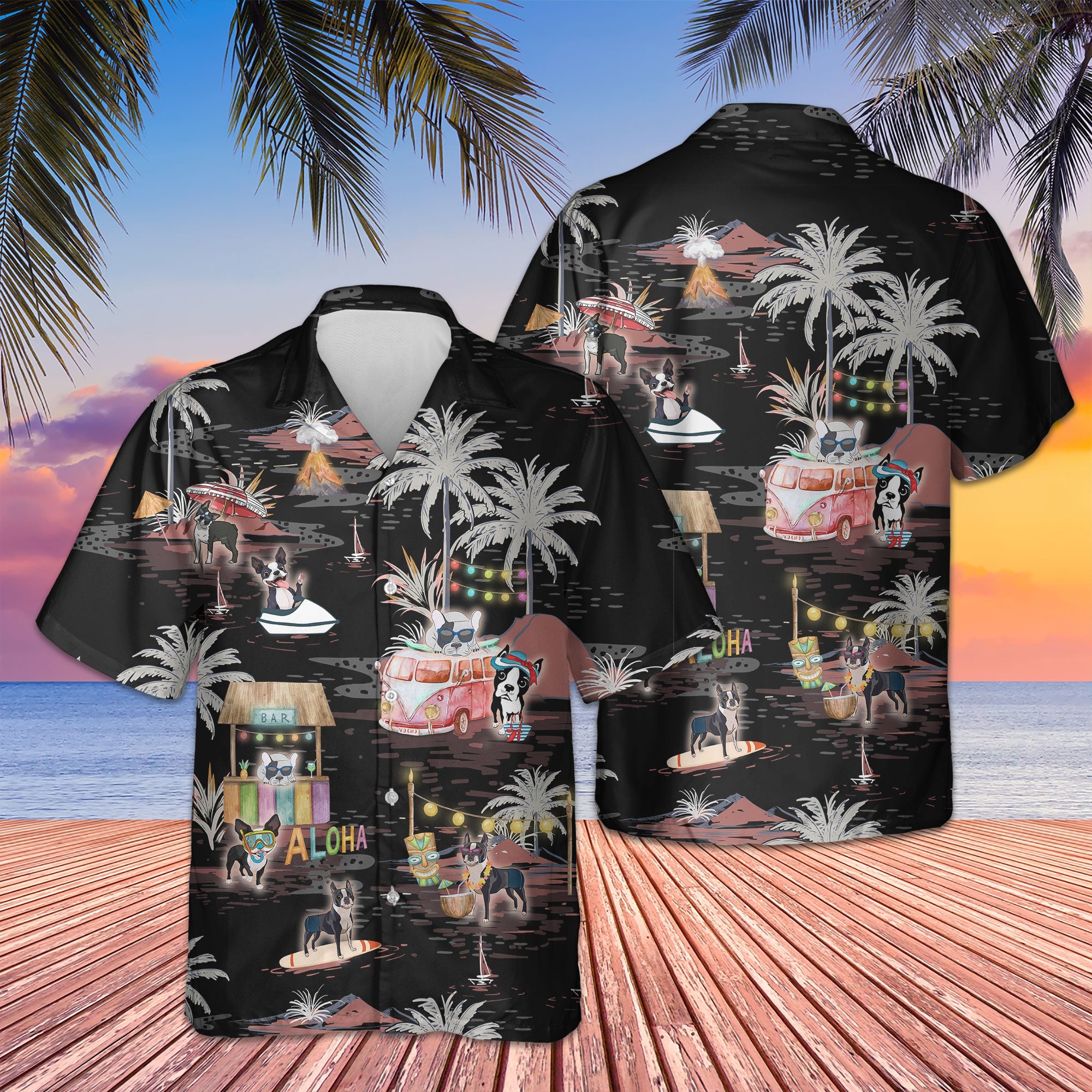 Boston Terrier Night On The Beach Hawaiian Shirt, Boston Terrier Hawaiian Shirt, Aloha Shirt For Dog Lover