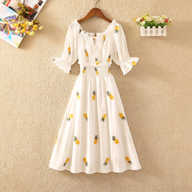 Strawberry Dress Cherry Kawaii Embroidery Puff Sleeve Dress Women Vintage White Slash Neck Beach Dresses 2022 Korean Clothes alx