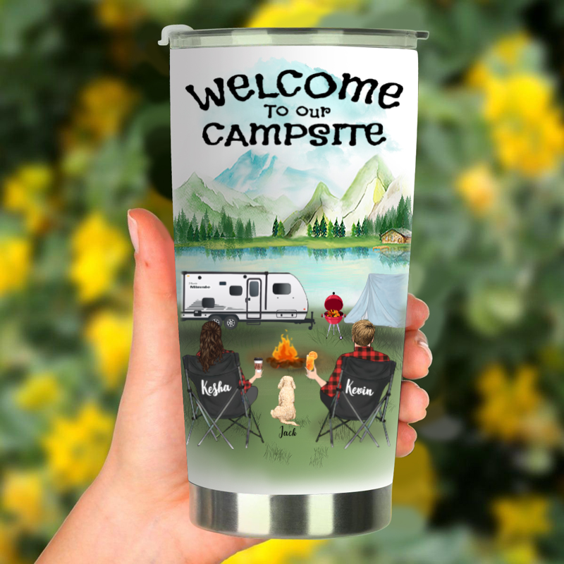 Custom Dog & Owners Camping Tumbler – Personalized Gift for Dog Lovers, Camping Couple – Couple & 1 Dog – Welcome to Our Campsite
