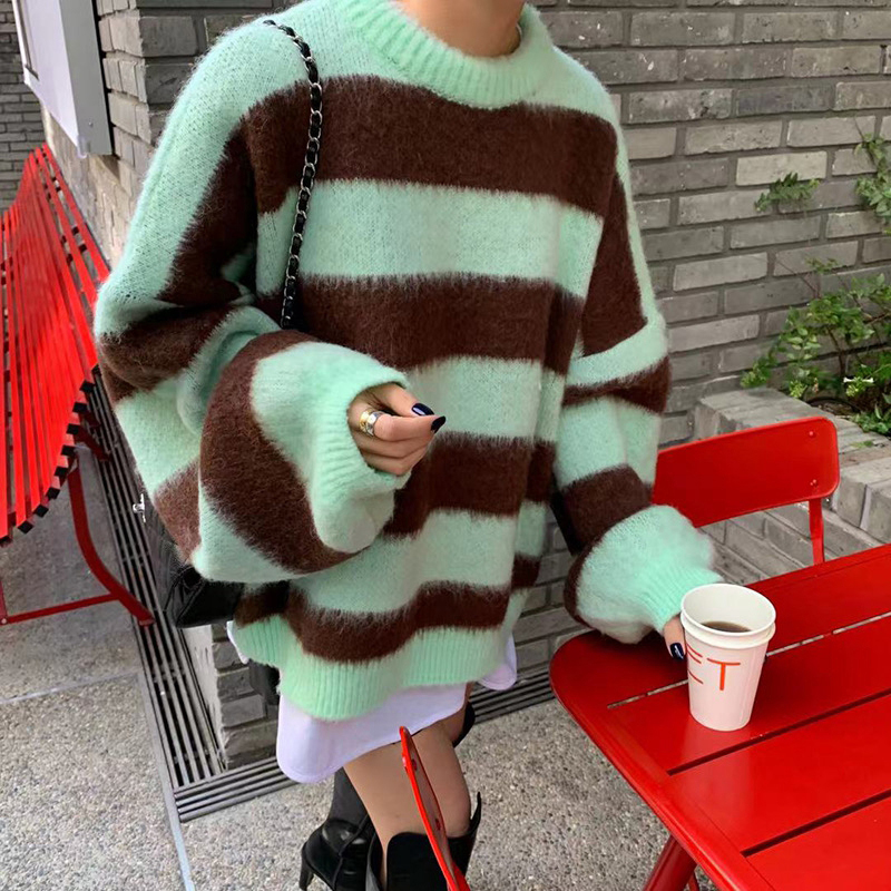 Women’s Clothing Korean Stripe Knitting Sweater Round Neck Long Sleeves Vintage Casual Fashion Baggy Ladies Tops Autumn alx