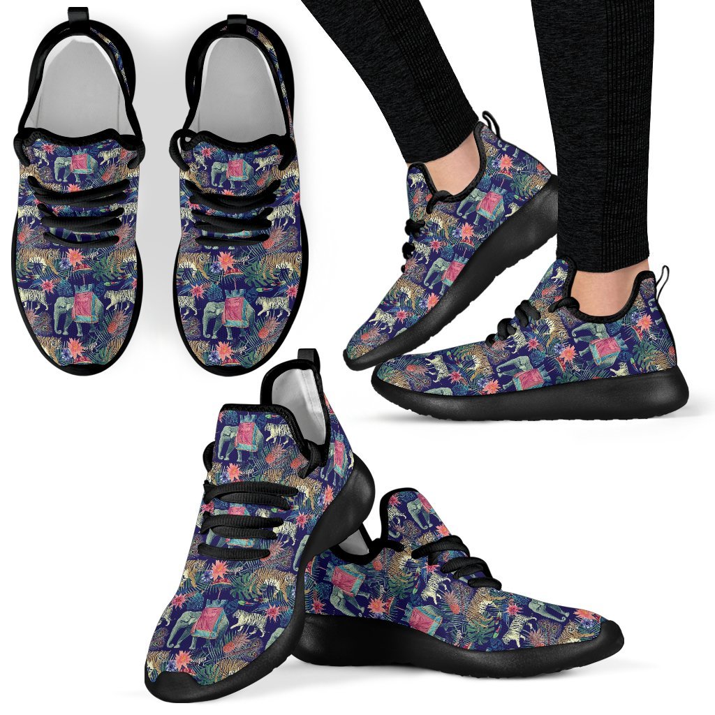 Tropical Palm Leave Peacock Tiger Elephant Men Women Knit Sneaker