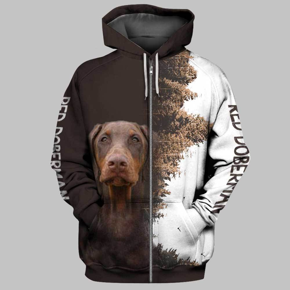 Red Doberman Forest 3D Full Printing Zip Hoodie And Unisex Tee