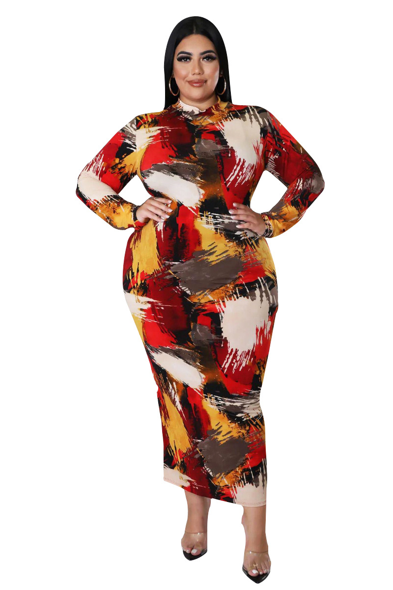 SOMO Fall Winter Vintage Print Dress Women Clothing Long Sleeve Crew Neck Maxi Dresses Lady Plus Size Wholesale Dropshipping alx