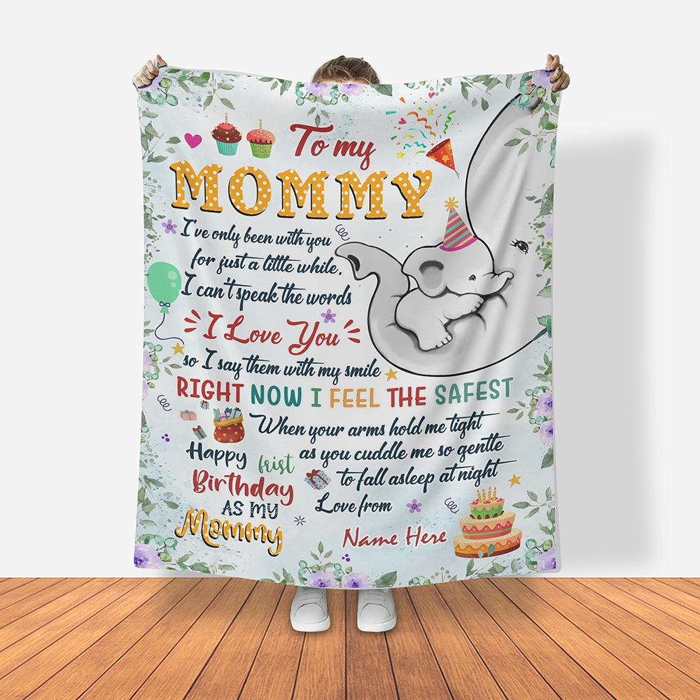 Happy First Birthday As My Mommy – Personalized Blanket – Birthday Gift For Mom, Mother, Cute Elephant Blanket